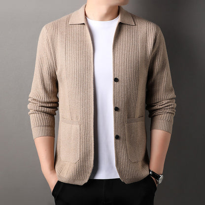 Korean Style Pure Color Knitted Cardigan for Young Men - Lapel Sweater