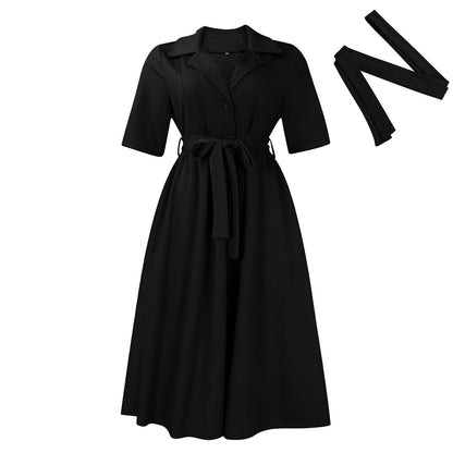 Women's Solid Color Short Sleeve Dress - Suit Collar & Belted Design