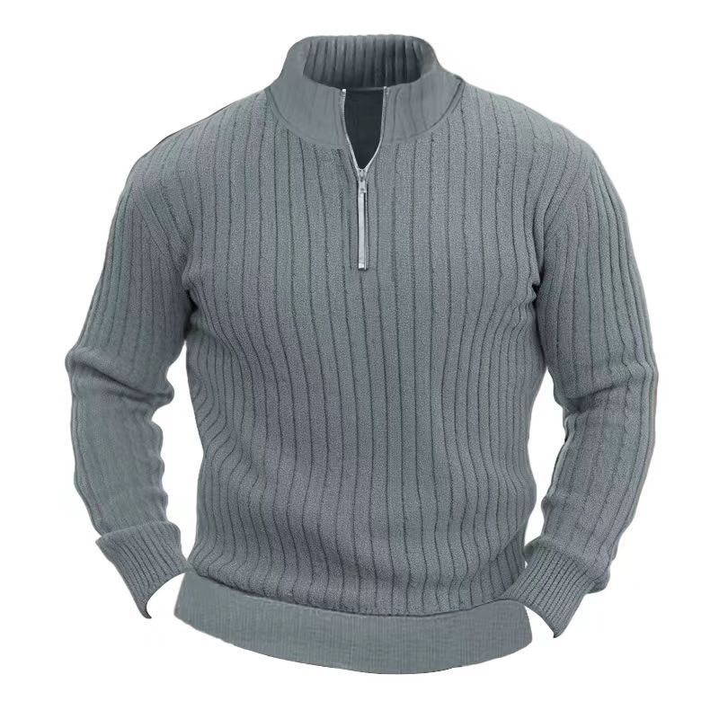 Men's Solid Color Pullover Sweater - Stand Collar & Long Sleeve