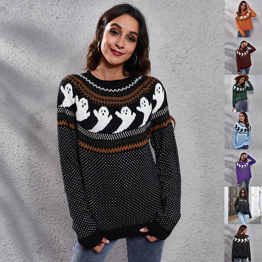 Ghost Polka Dot Knit Sweater - Cozy Halloween Pullover for Women