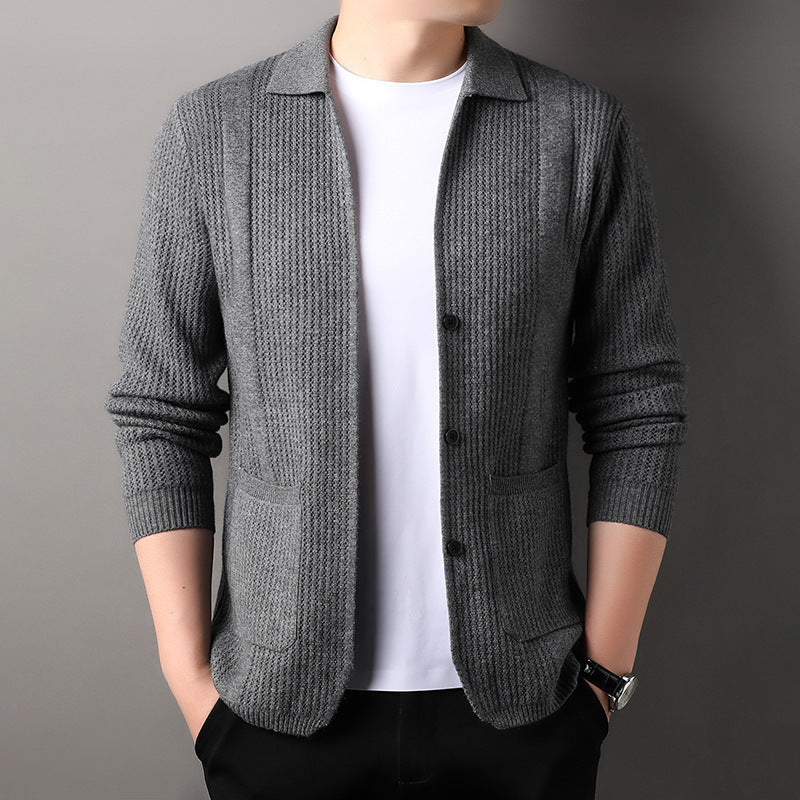 Korean Style Pure Color Knitted Cardigan for Young Men - Lapel Sweater