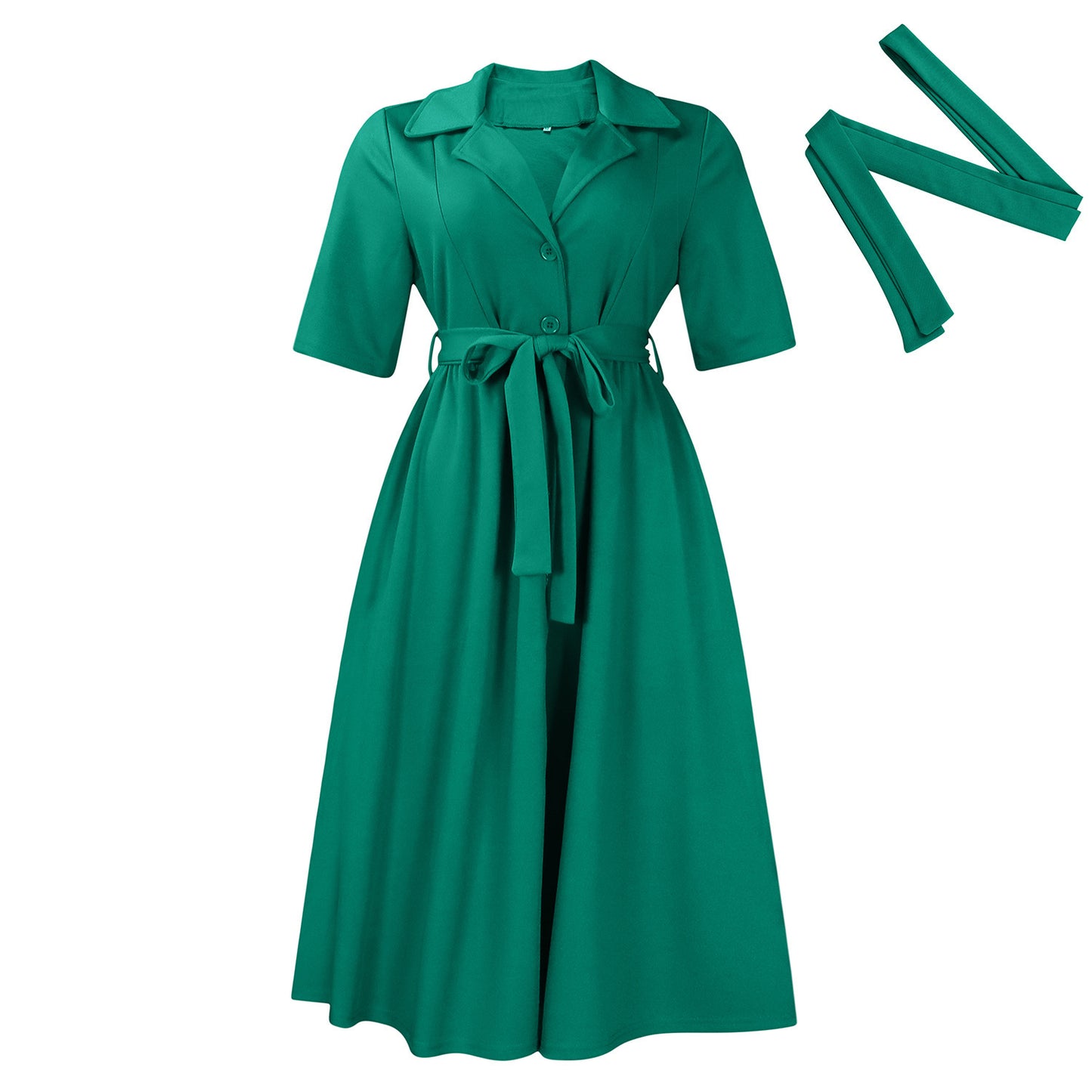 Women's Solid Color Short Sleeve Dress - Suit Collar & Belted Design