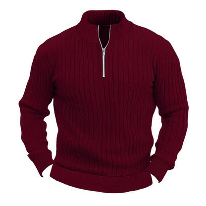 Men's Solid Color Pullover Sweater - Stand Collar & Long Sleeve