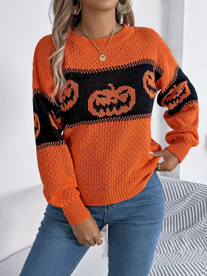 Halloween Pumpkin Knitted Sweater - Cozy & Stylish Long Sleeve for Women