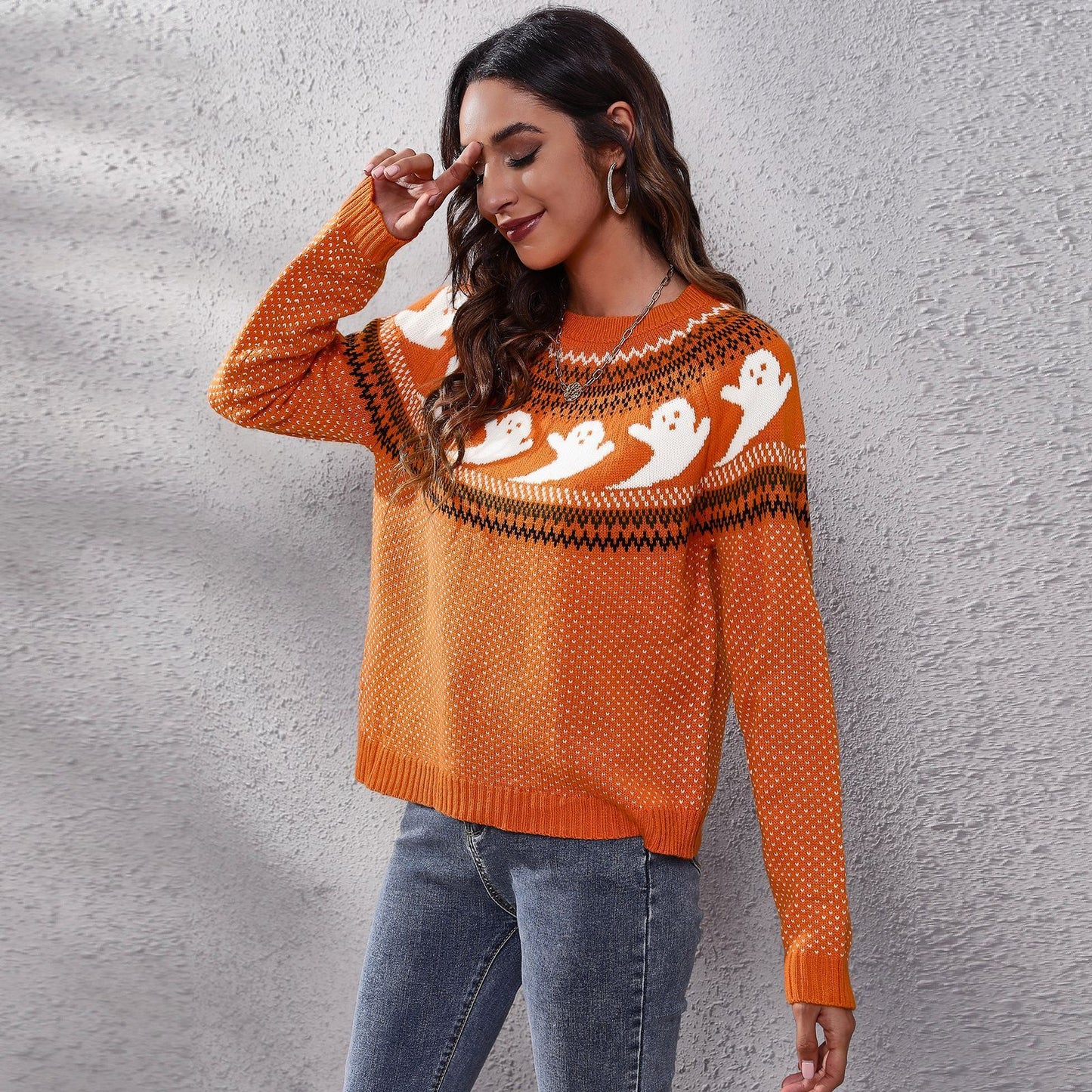 Ghost Polka Dot Knit Sweater - Cozy Halloween Pullover for Women