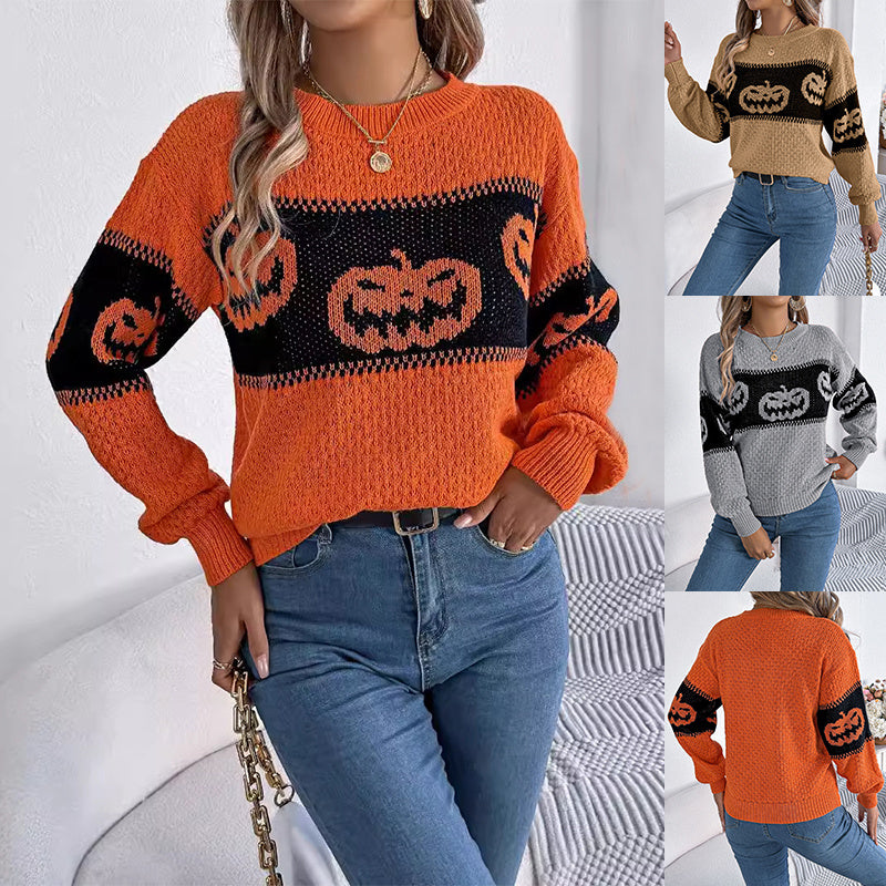 Halloween Pumpkin Knitted Sweater - Cozy & Stylish Long Sleeve for Women