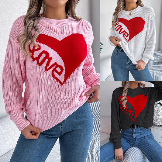 Love Print Knit Sweater - Cozy Autumn & Winter Pullover for Women