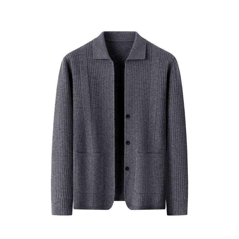 Korean Style Pure Color Knitted Cardigan for Young Men - Lapel Sweater