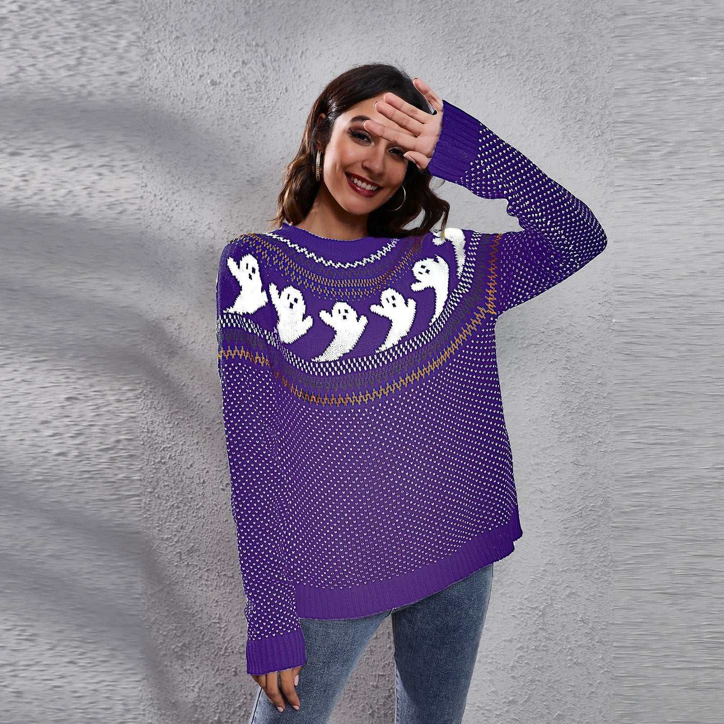 Ghost Polka Dot Knit Sweater - Cozy Halloween Pullover for Women