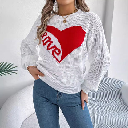 Love Print Knit Sweater - Cozy Autumn & Winter Pullover for Women