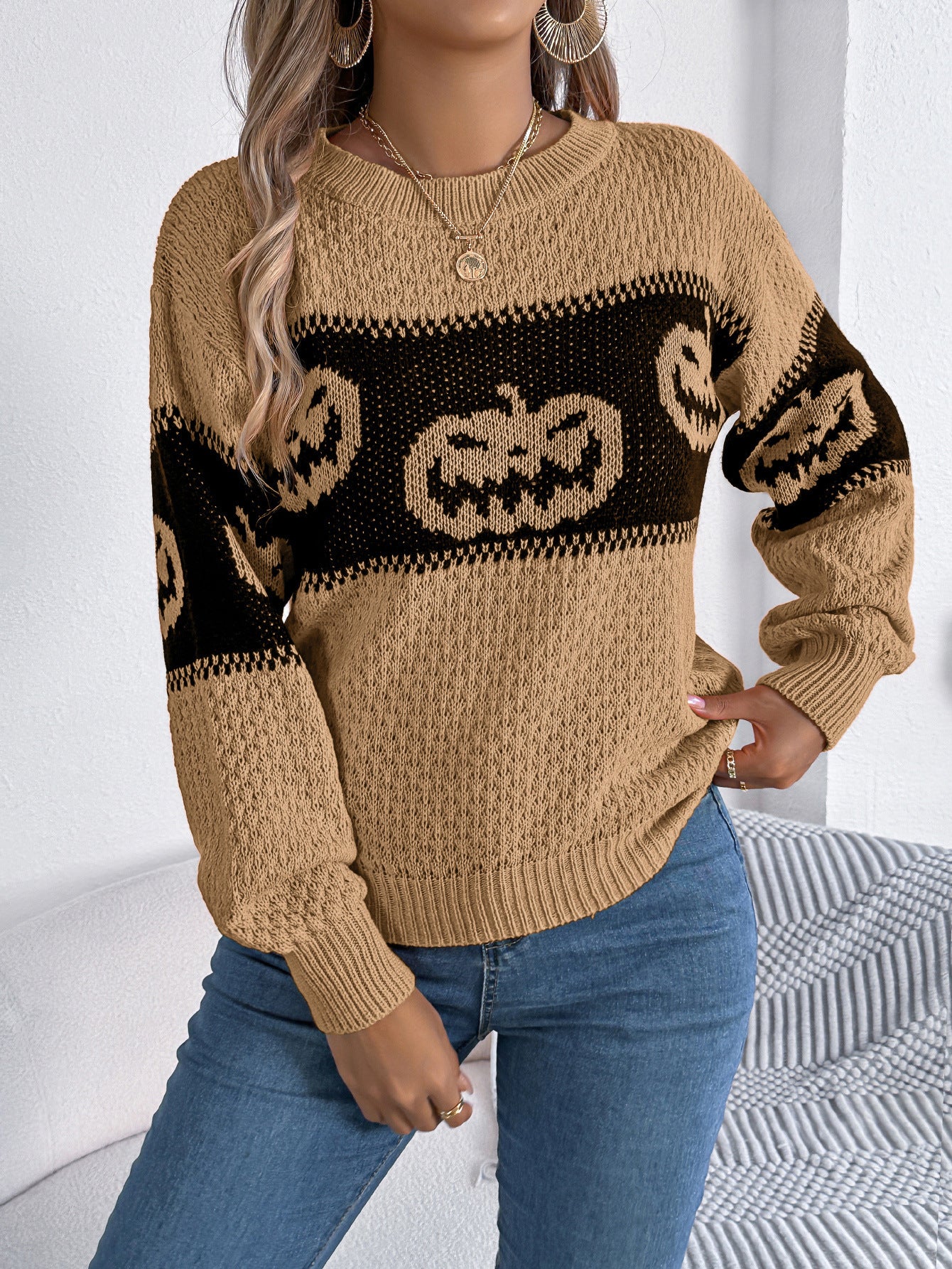 Halloween Pumpkin Knitted Sweater - Cozy & Stylish Long Sleeve for Women