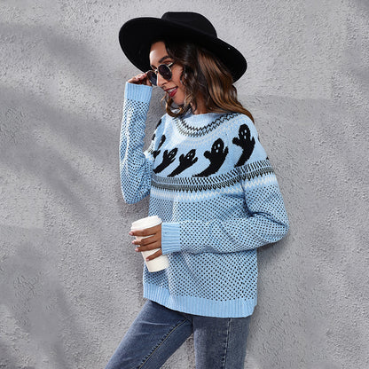 Ghost Polka Dot Knit Sweater - Cozy Halloween Pullover for Women