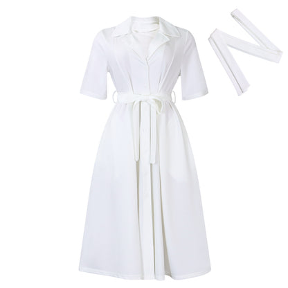 Women's Solid Color Short Sleeve Dress - Suit Collar & Belted Design