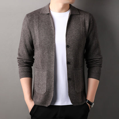 Korean Style Pure Color Knitted Cardigan for Young Men - Lapel Sweater