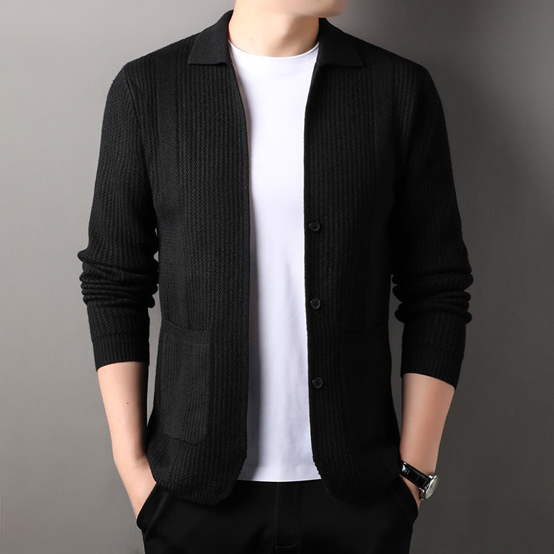 Korean Style Pure Color Knitted Cardigan for Young Men - Lapel Sweater