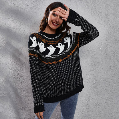 Ghost Polka Dot Knit Sweater - Cozy Halloween Pullover for Women